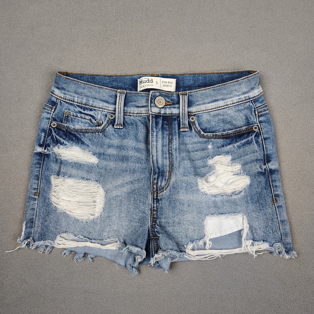 MUDD High‎ Rise Shortie Shorts Womens 5 Blue Stretch Waist Distressed Festival